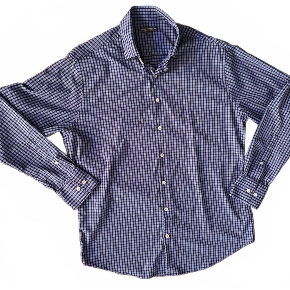 Peter Millar Summer Comfort Shirt Men's L Large Gingham Check Button-up‎ Navy